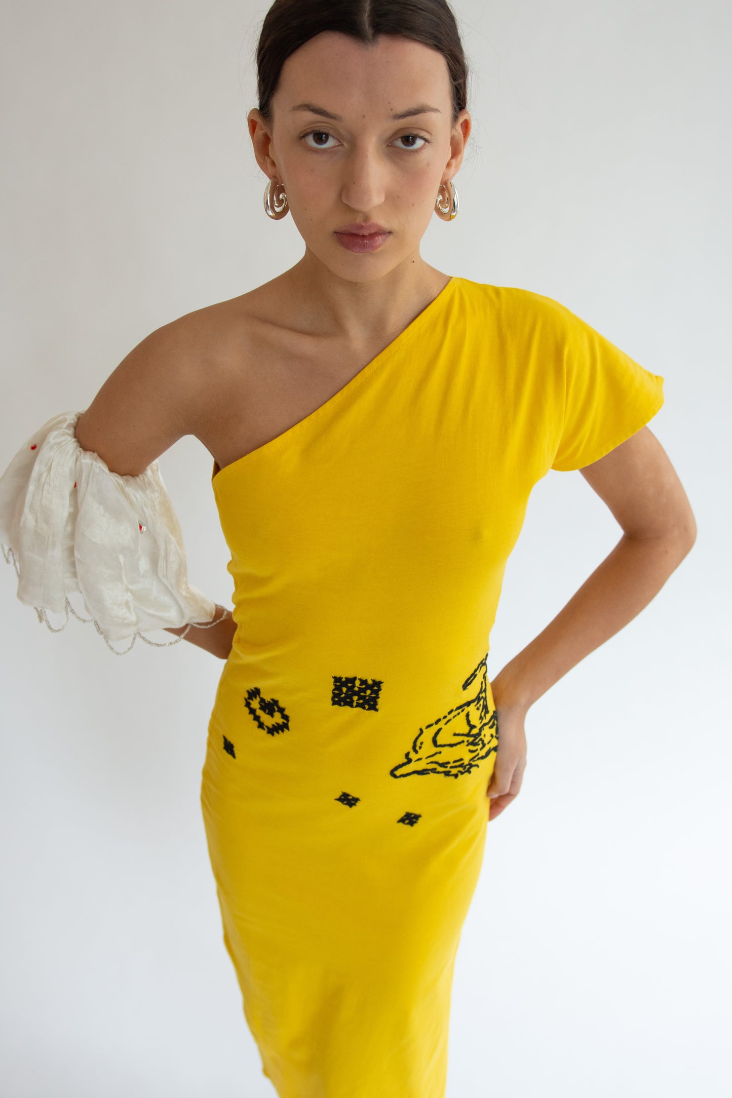 TIGRA TIGRA, T-shirt Dress with Tiger Rabari Embroidery, Yellow/Black
