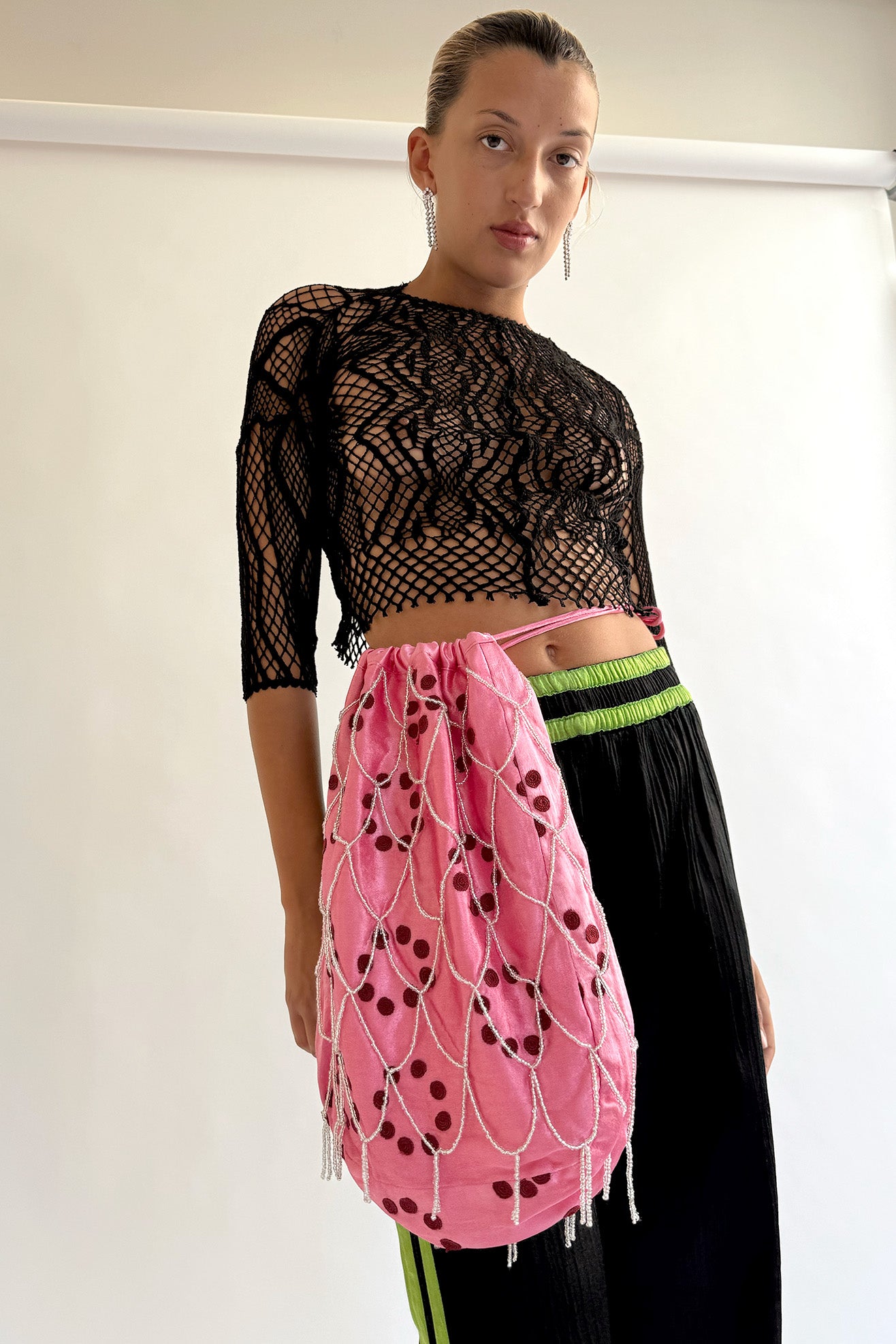 TIGRA TIGRA, Beaded Net Bucket Bag w. Moon Dye, Pink w. Maroon