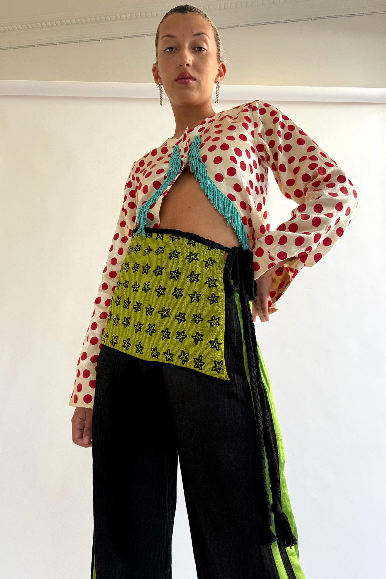 TIGRA TIGRA, Glass Beaded Wrap Belt, Acid Green/Black