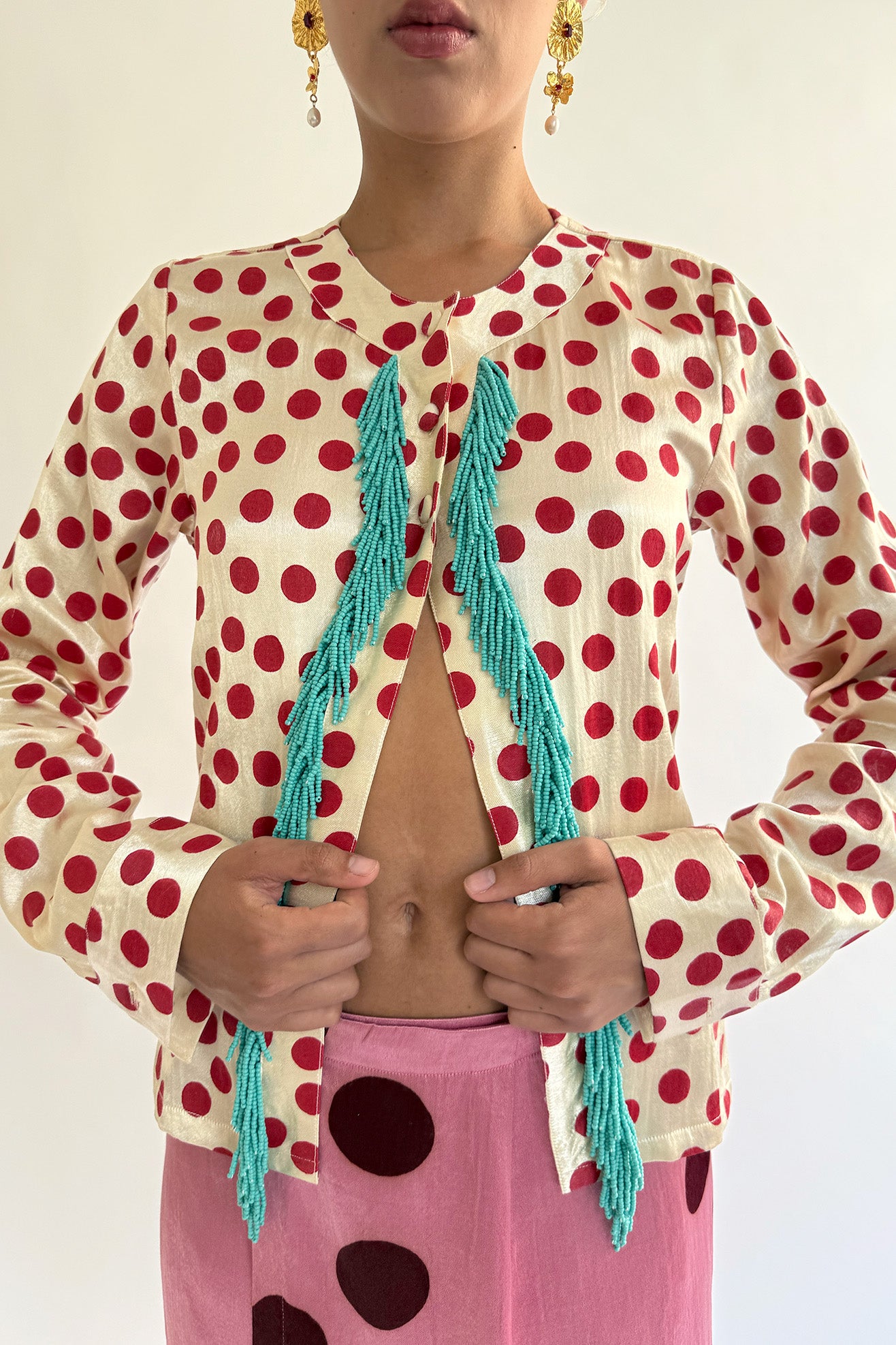 TIGRA TIGRA, Blockprint Cardigan with Beaded Fringe, White w. Red/Teal