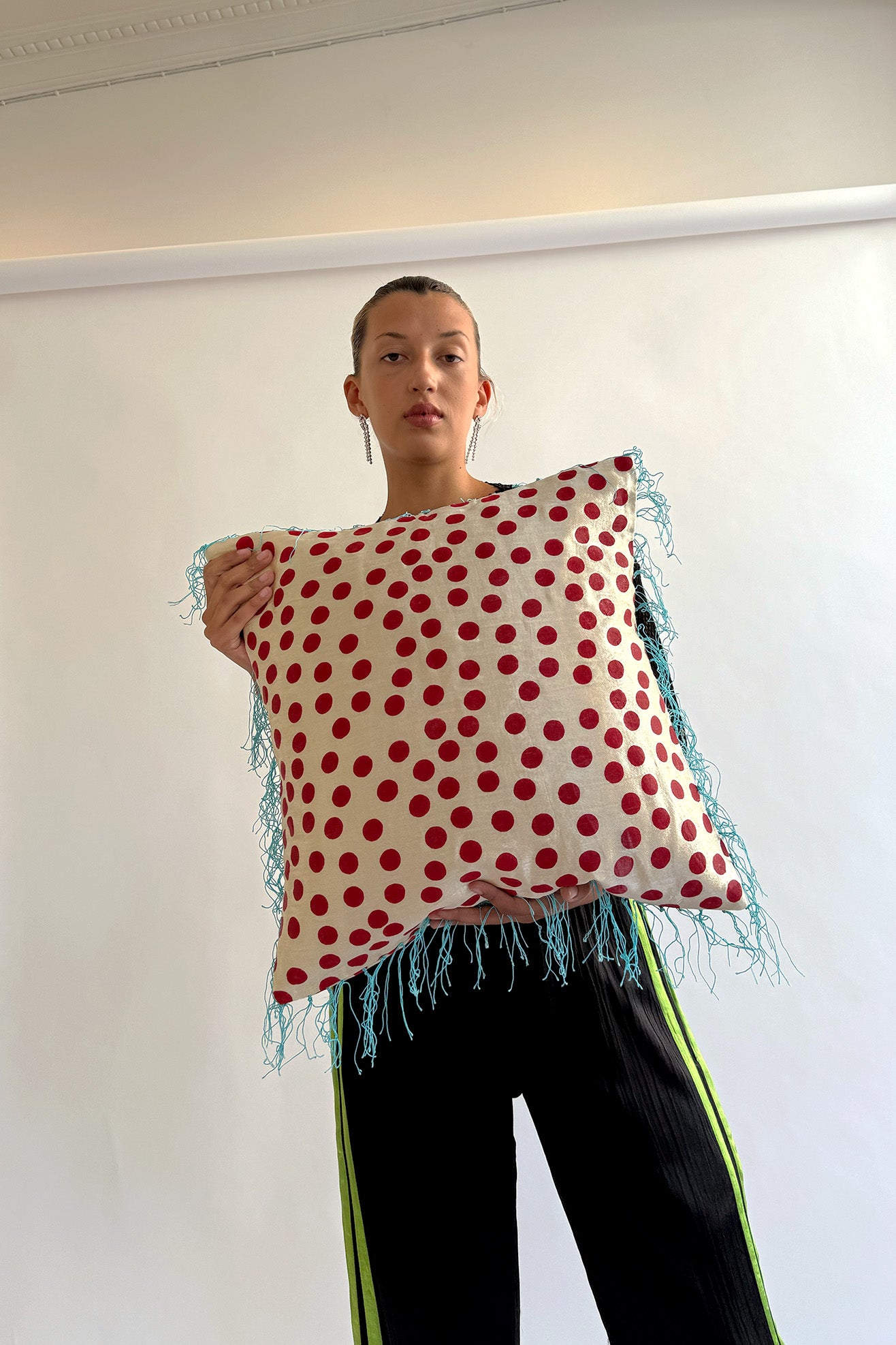 TIGRA TIGRA, Blockprint Dot Pillow with Fringe, Cream/Red/Aqua