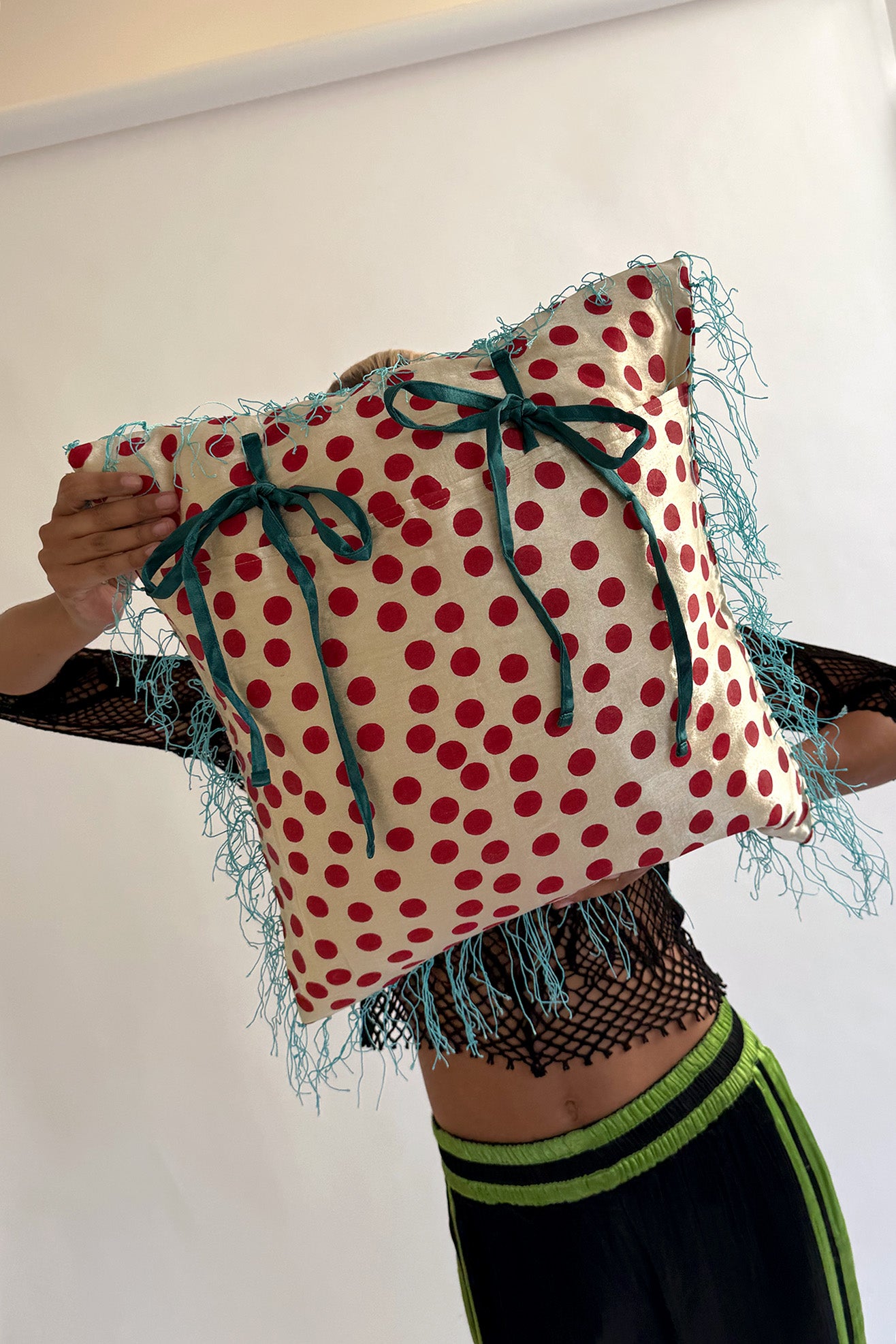 TIGRA TIGRA, Blockprint Dot Pillow with Fringe, Cream/Red/Aqua