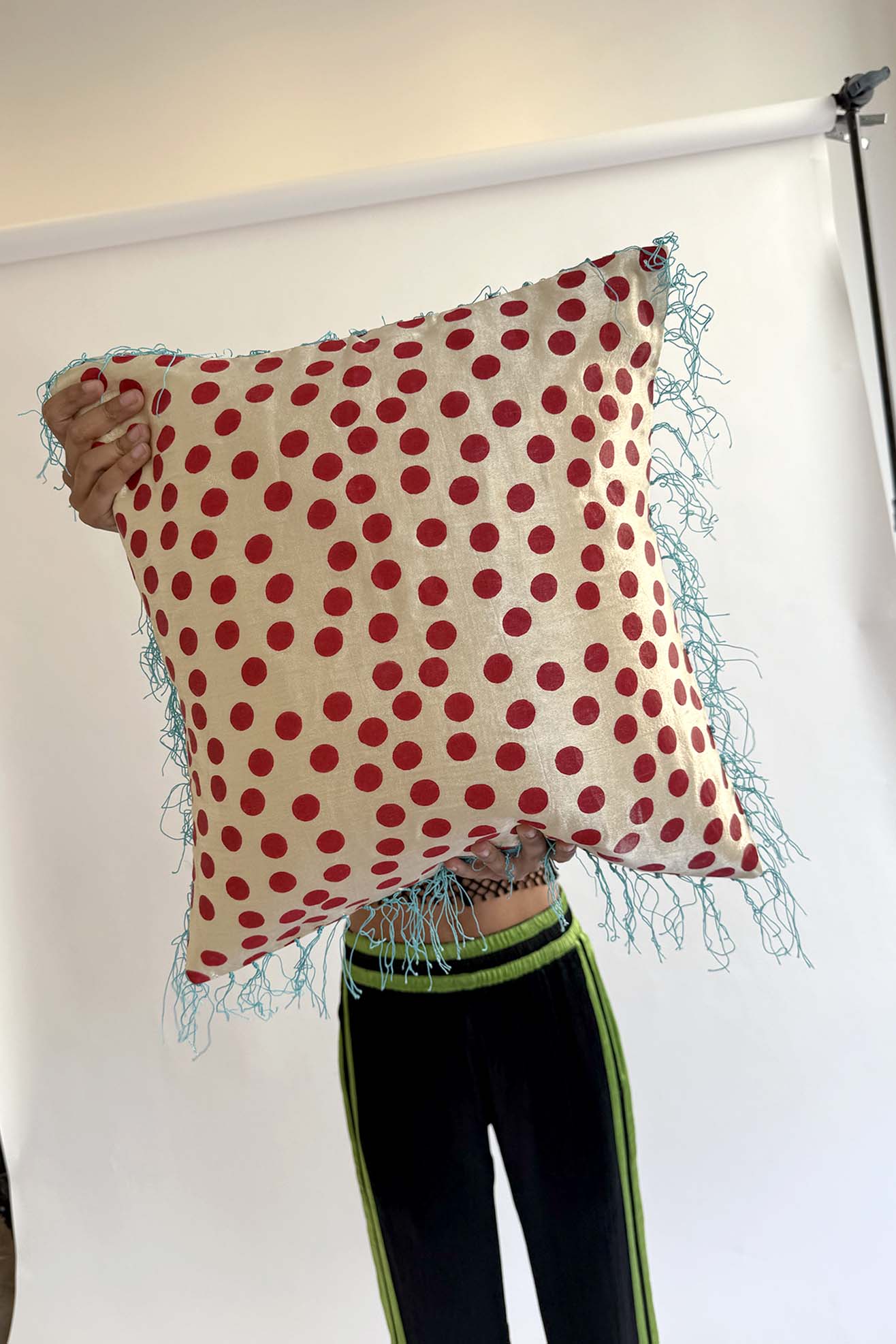 TIGRA TIGRA, Blockprint Dot Pillow with Fringe, Cream/Red/Aqua