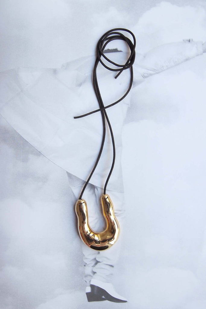 AGMES, Large Wishbone Pendant, Gold Vermeil/Black Cord