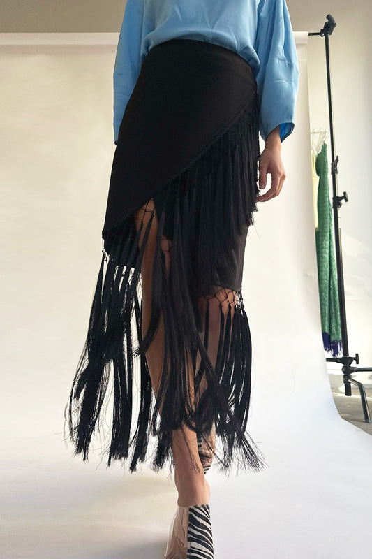 MR. LARKIN, Cara Fringe Wrap Skirt, Black