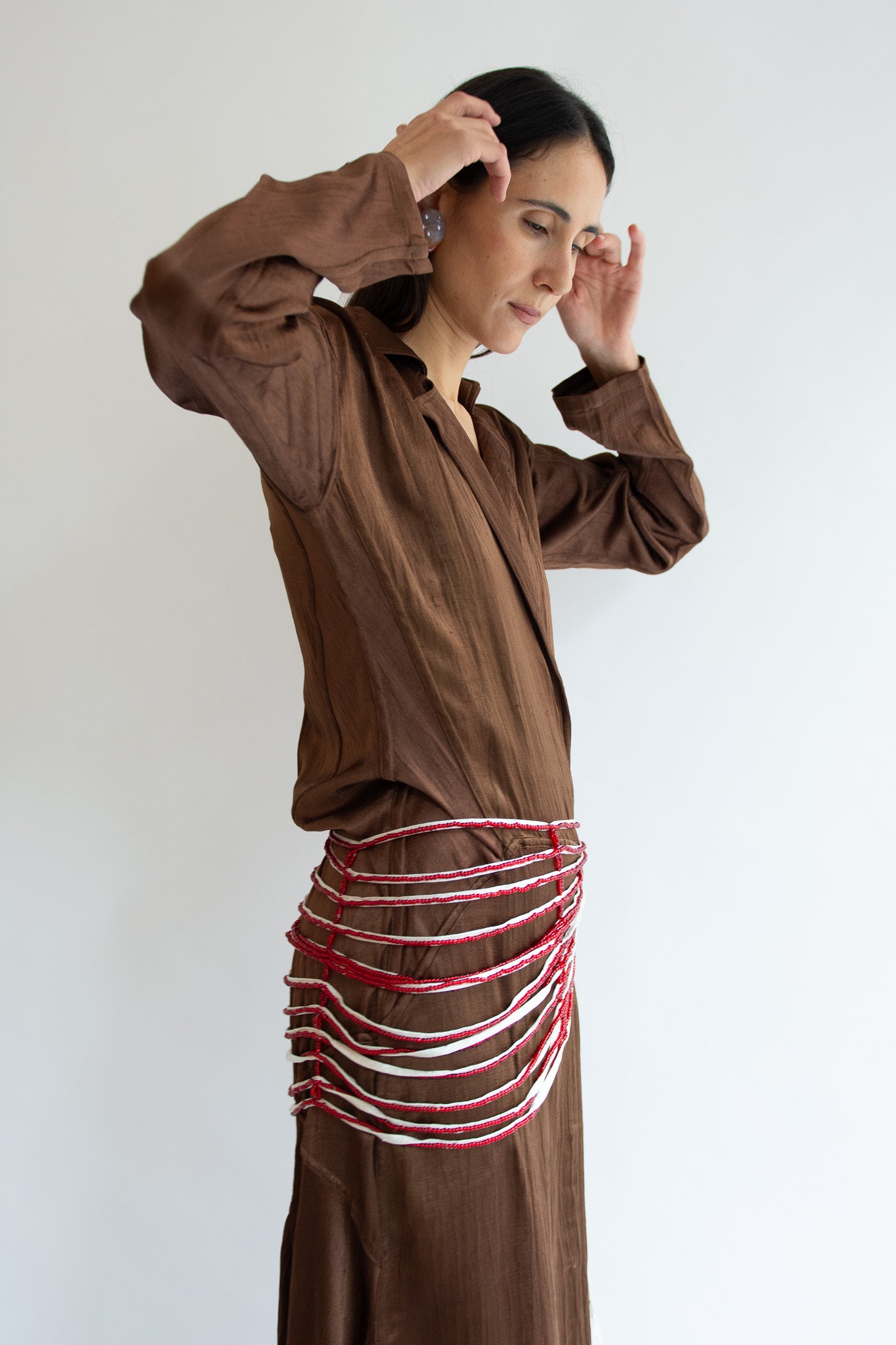 TIGRA TIGRA, Draped Beaded Belt, White With Red