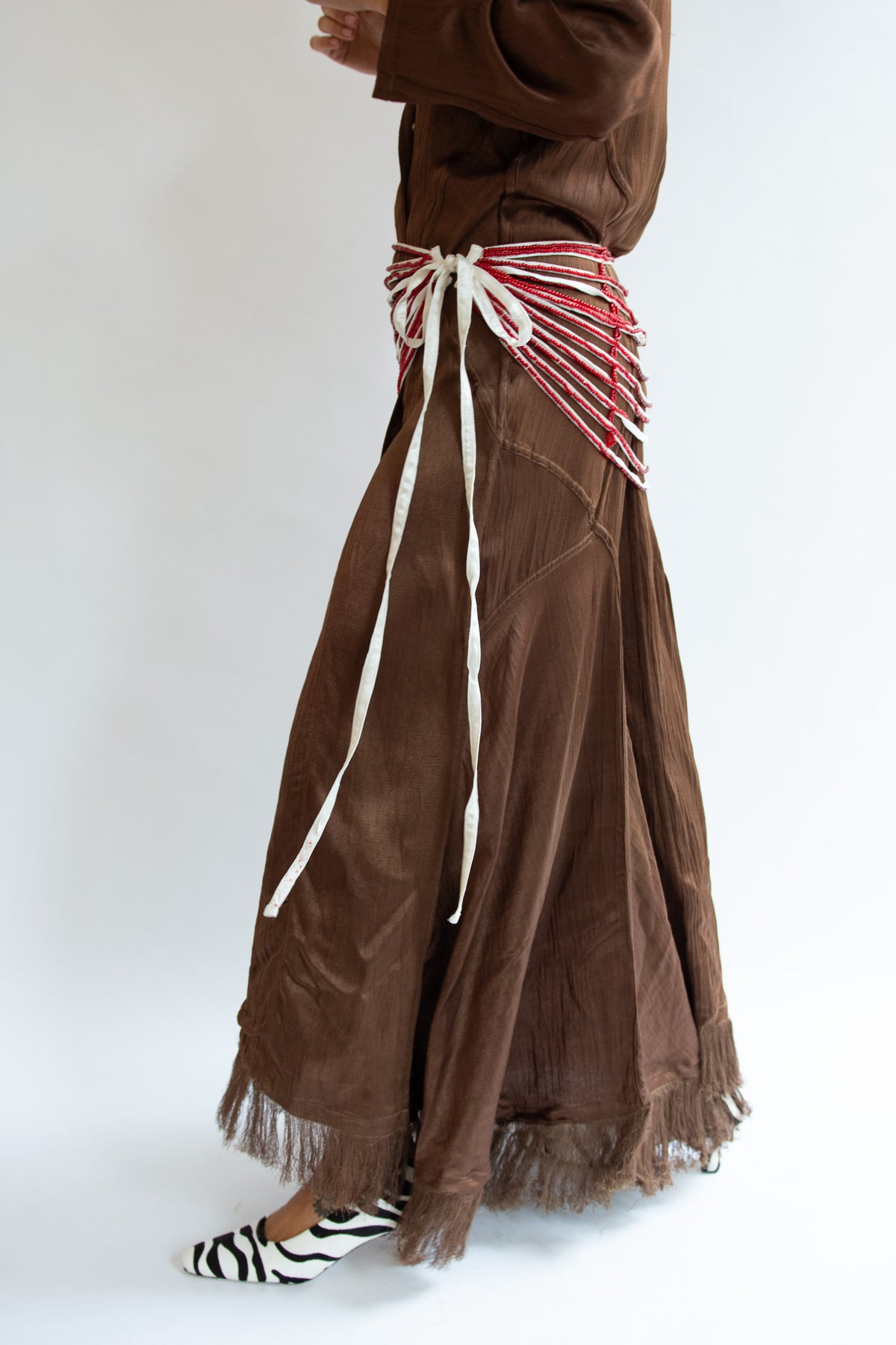 TIGRA TIGRA, Draped Beaded Belt, White With Red