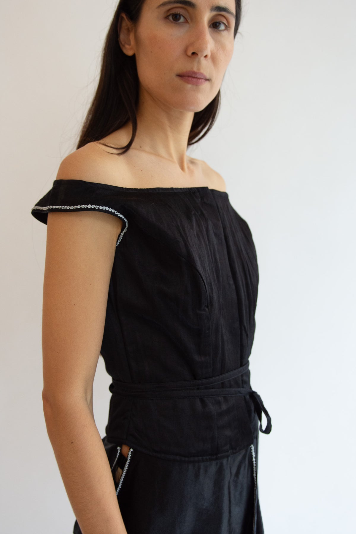 TIGRA TIGRA, Structured Top with Silver Rosettes & Braided Neck Tie, Black