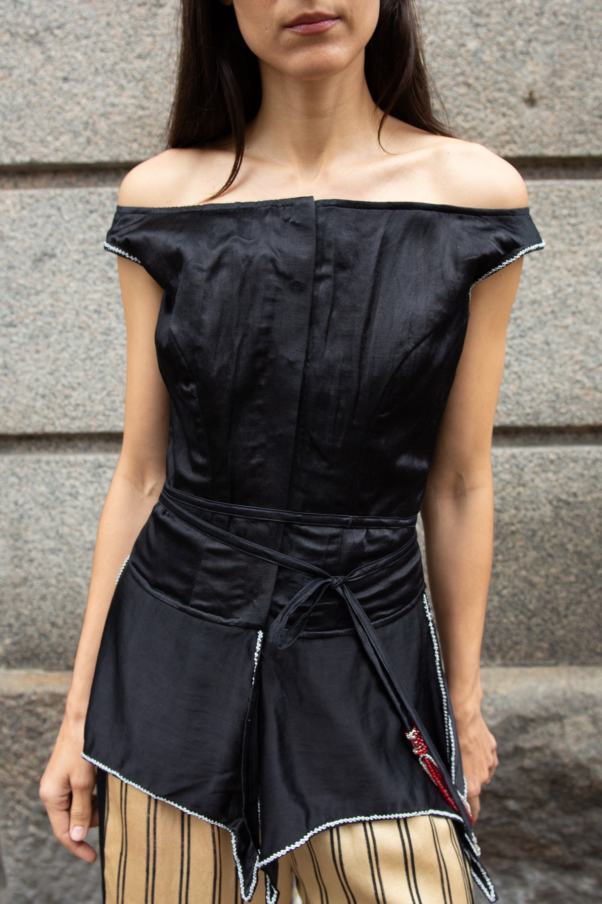 TIGRA TIGRA, Structured Top with Silver Rosettes & Braided Neck Tie, Black