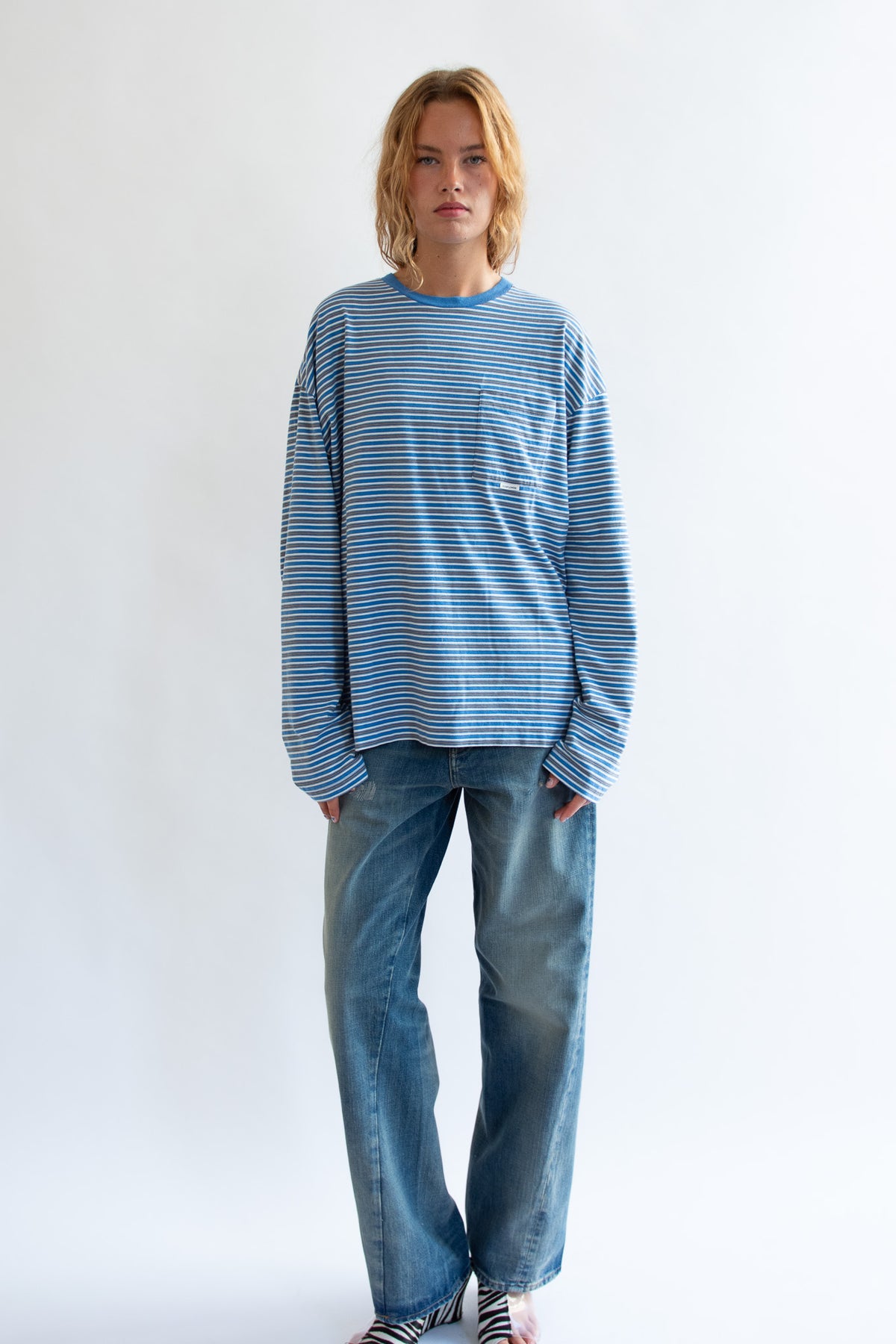 SUNFLOWER, Stripe LS Pocket Tee, Blue