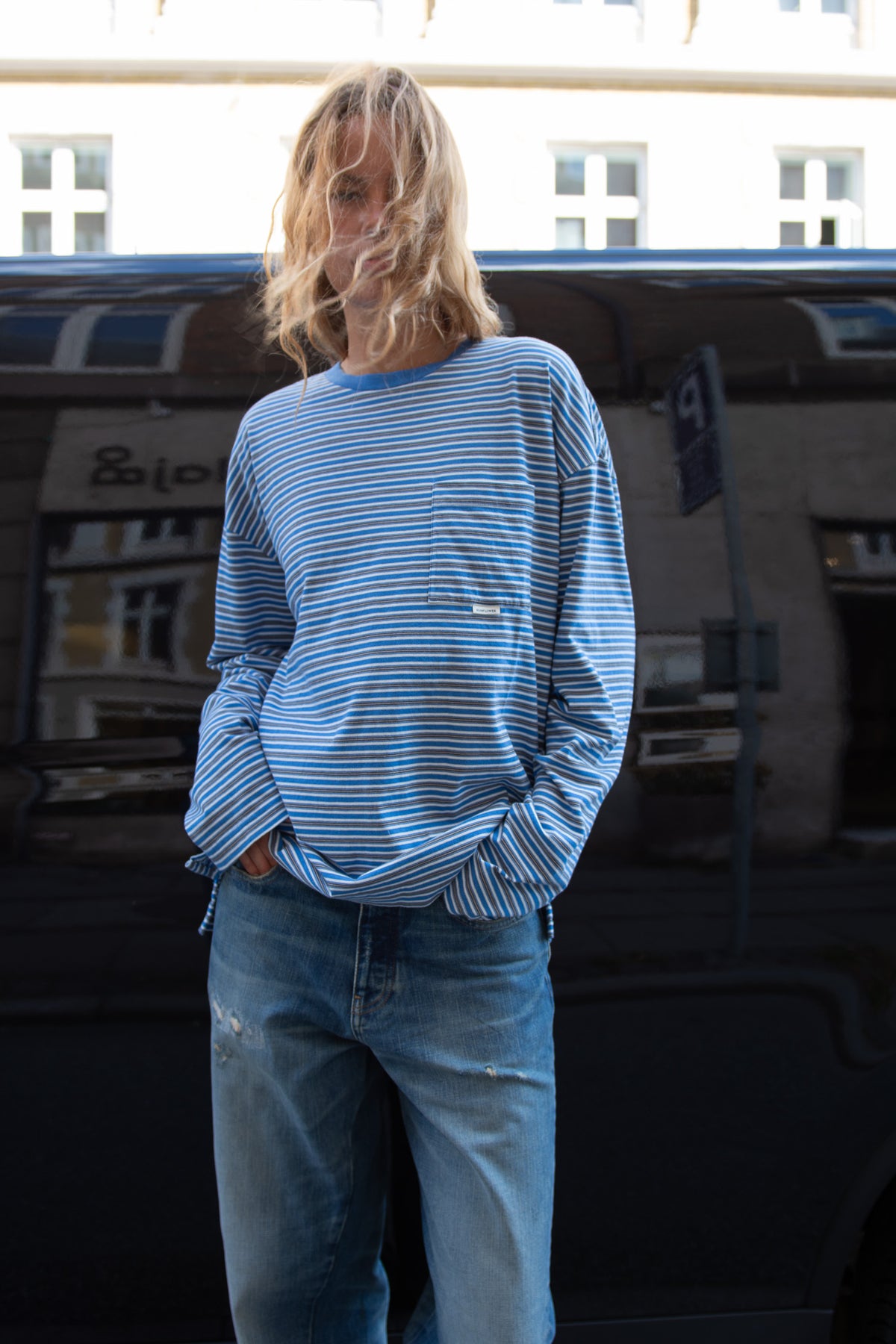 SUNFLOWER, Stripe LS Pocket Tee, Blue