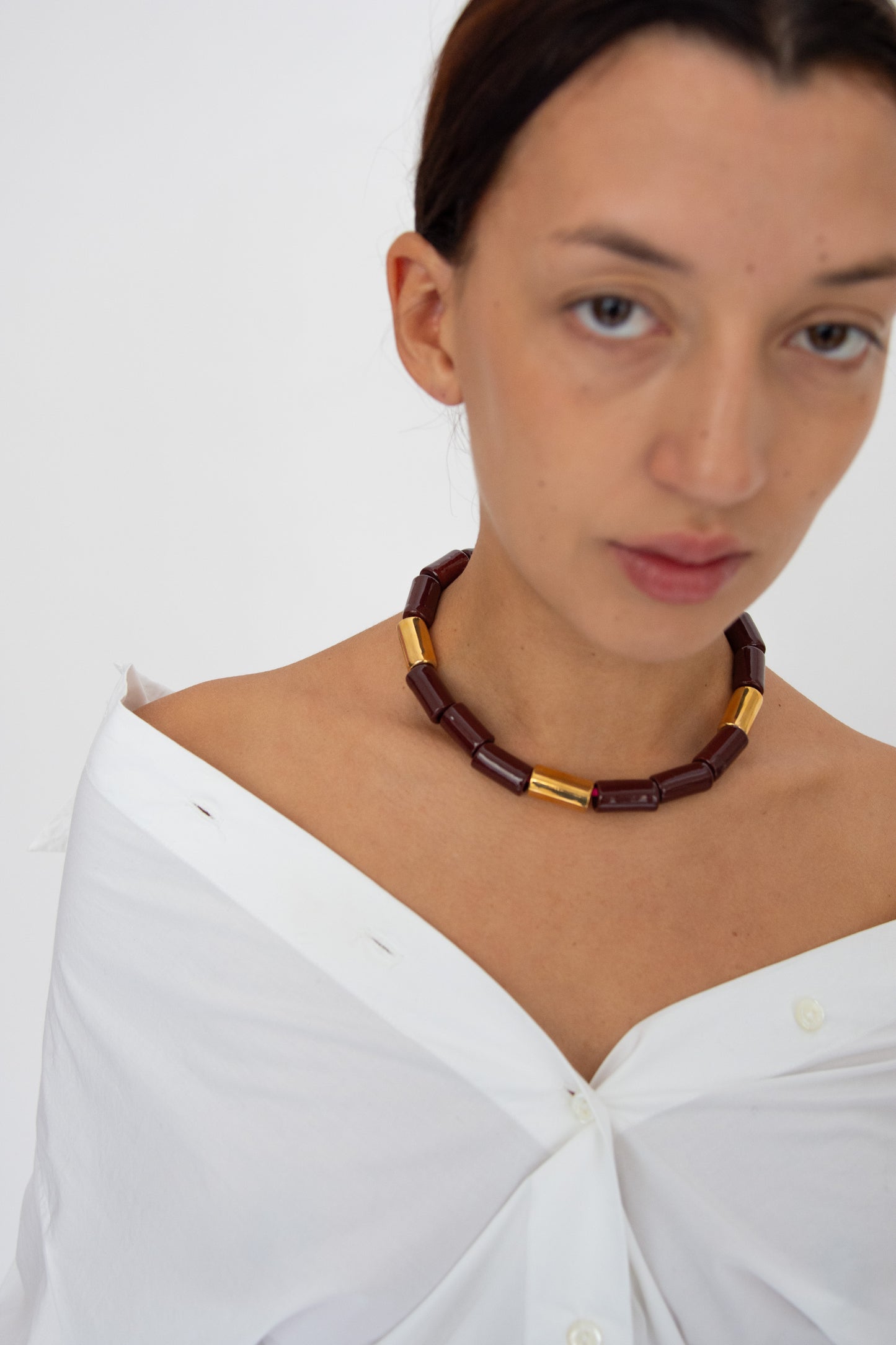 HER NEW TRIBE, Bead Four Necklace, Walnut & Karat Candy