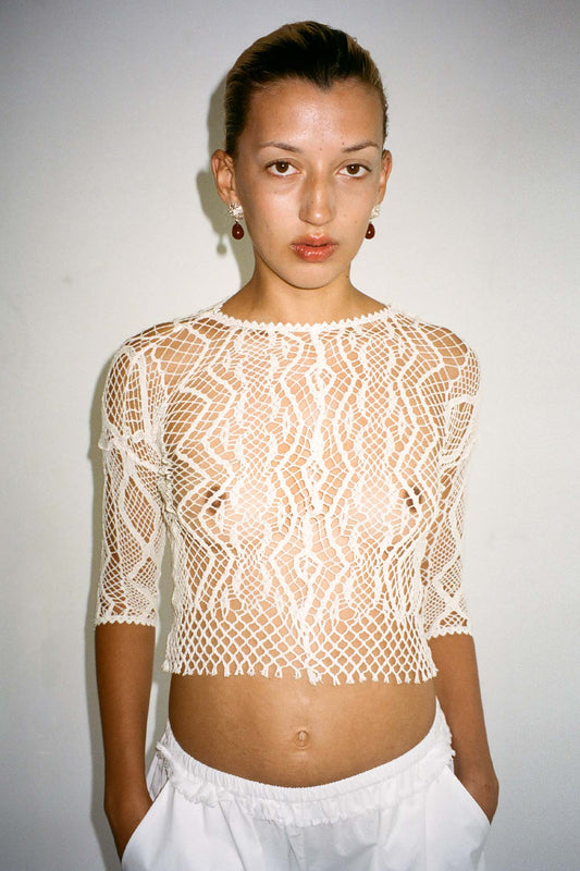 EUCHRONIA, Shortsleeved Lace Tee, Off White
