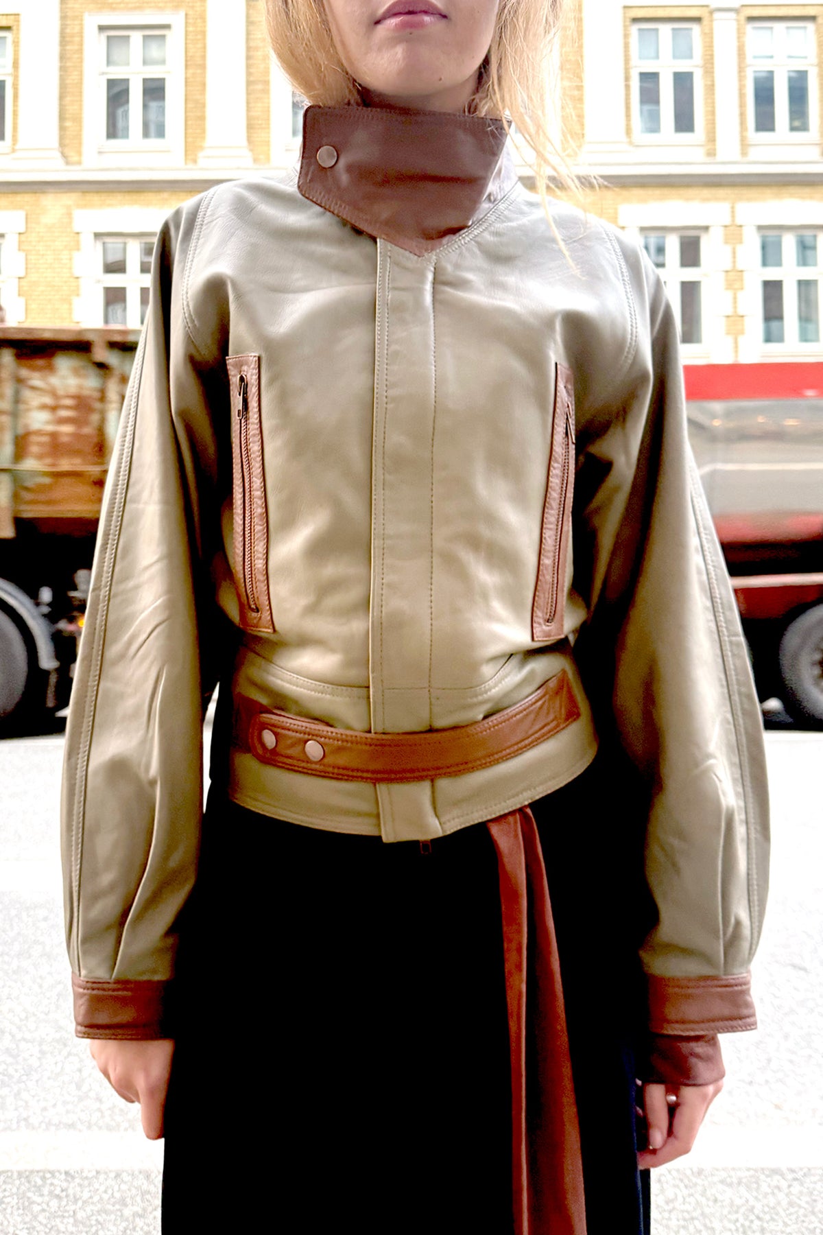 LAMIA LAGHA, Solo Leather Jacket, Cognac/Grey