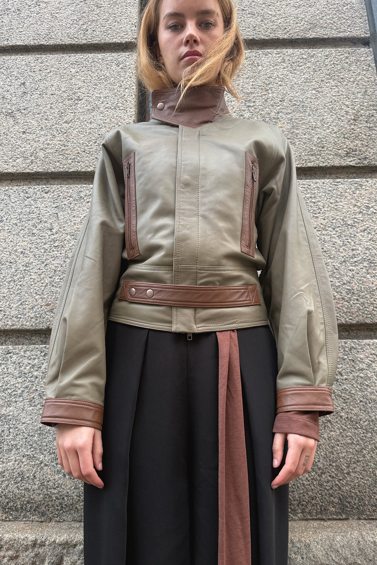 LAMIA LAGHA, Solo Leather Jacket, Cognac/Grey