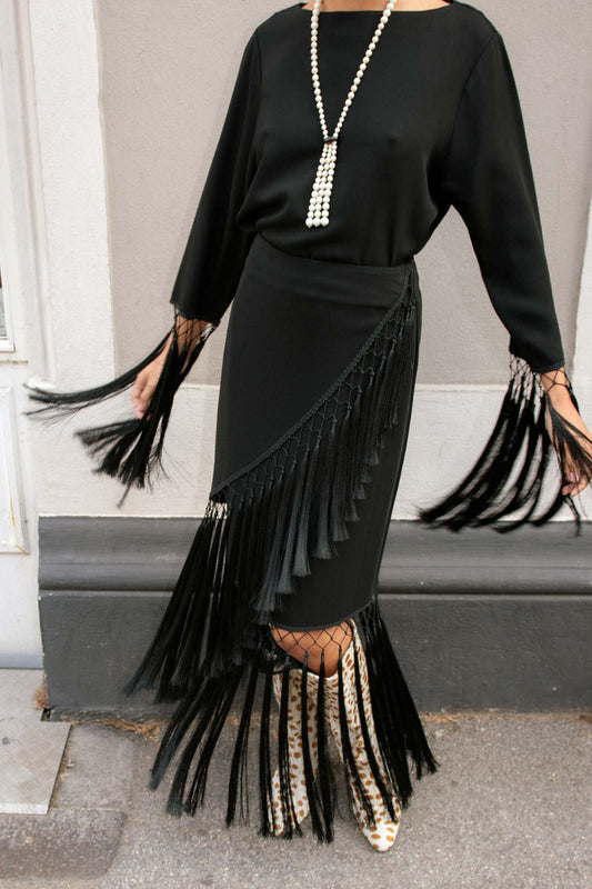 MR. LARKIN, Cara Fringe Wrap Skirt, Black