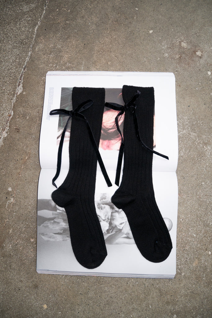 MARIA LA ROSA, Socks Velvet Bow, Black & Off White