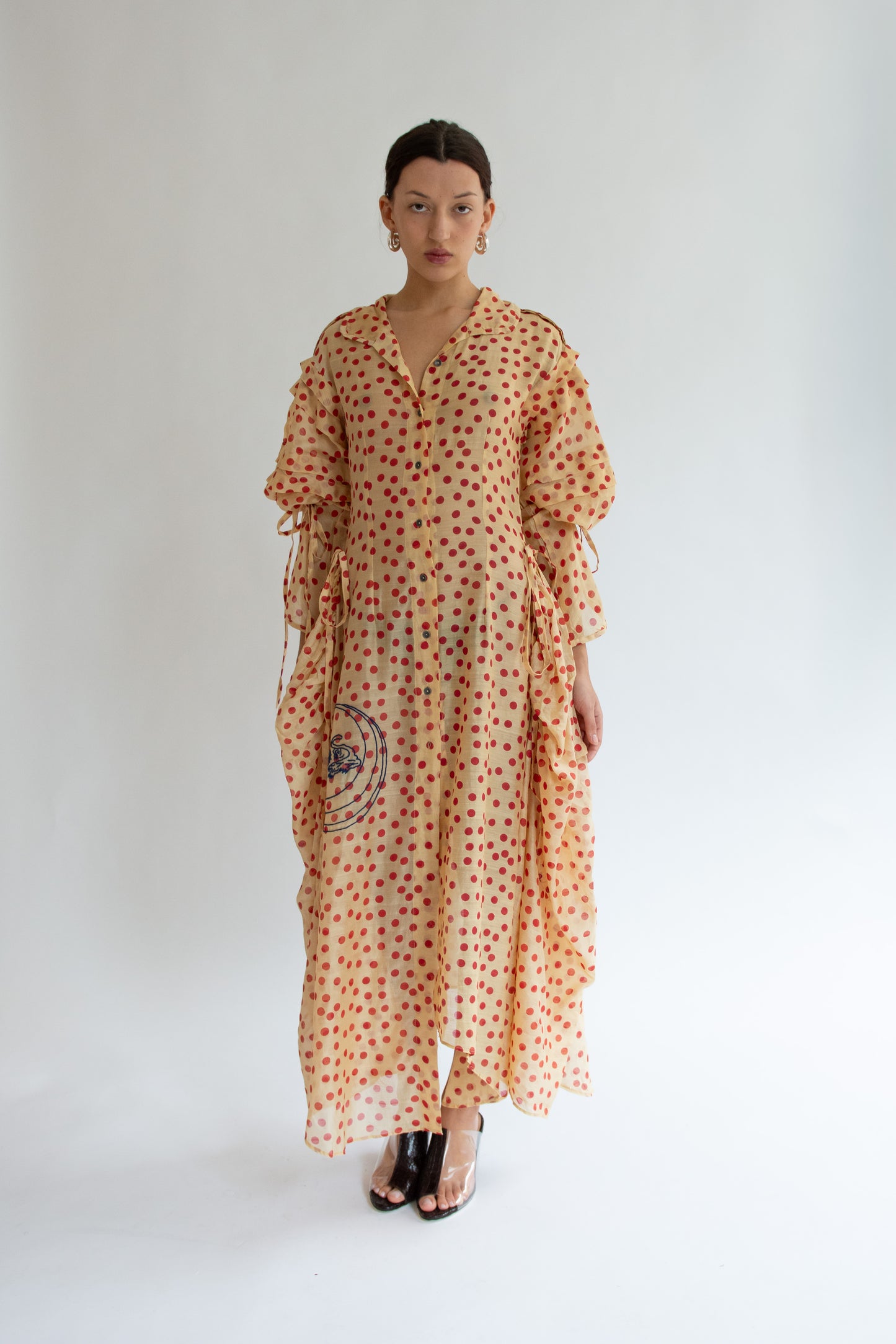 TIGRA TIGRA, Blockprint Dot Rucha Dress, Tea Stain Red w. Tiger Embroidery