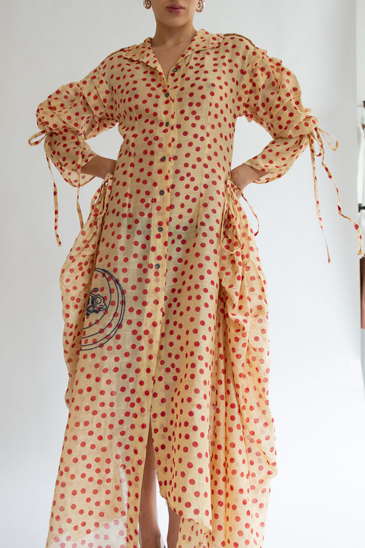 TIGRA TIGRA, Blockprint Dot Rucha Dress, Tea Stain Red w. Tiger Embroidery