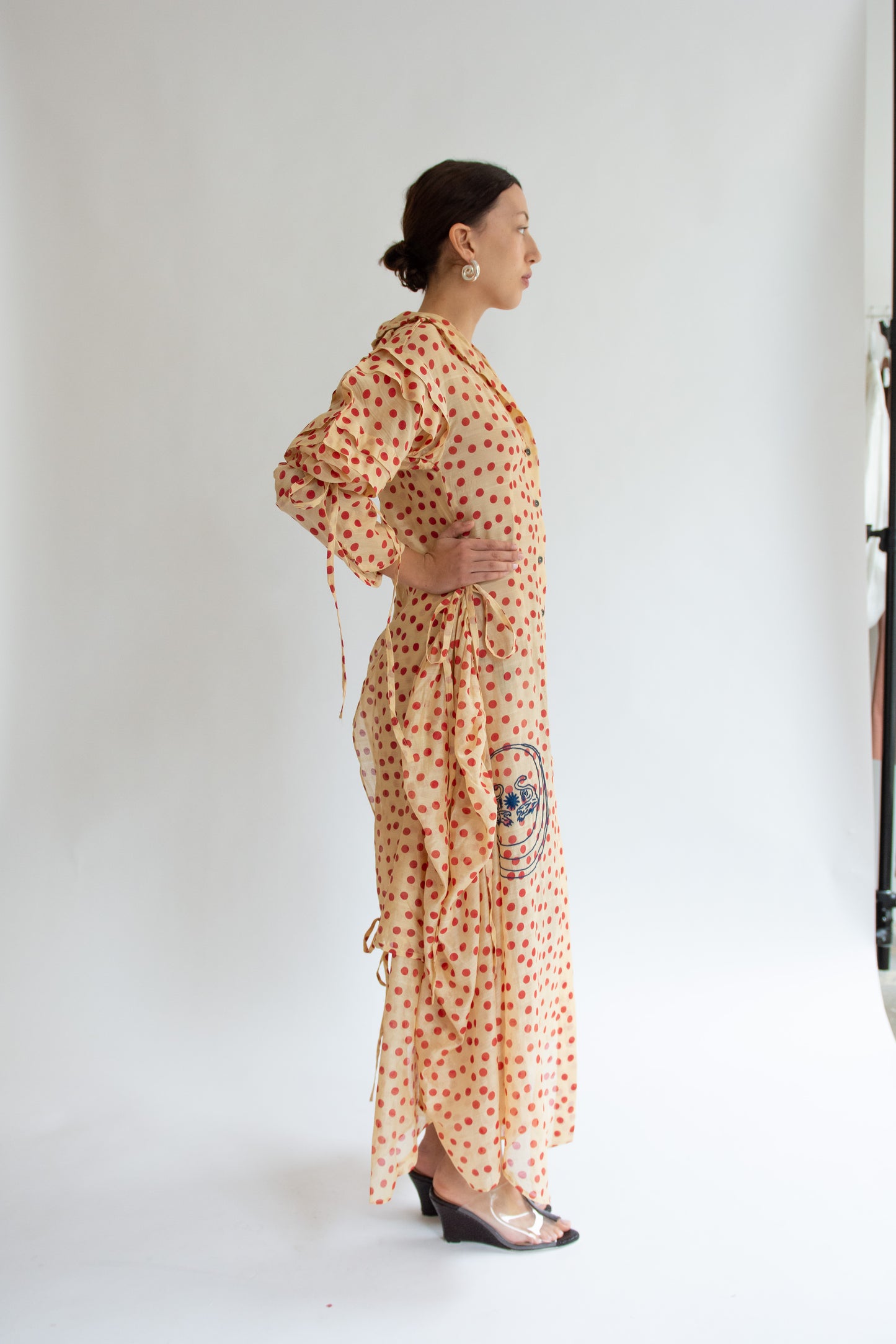 TIGRA TIGRA, Blockprint Dot Rucha Dress, Tea Stain Red w. Tiger Embroidery