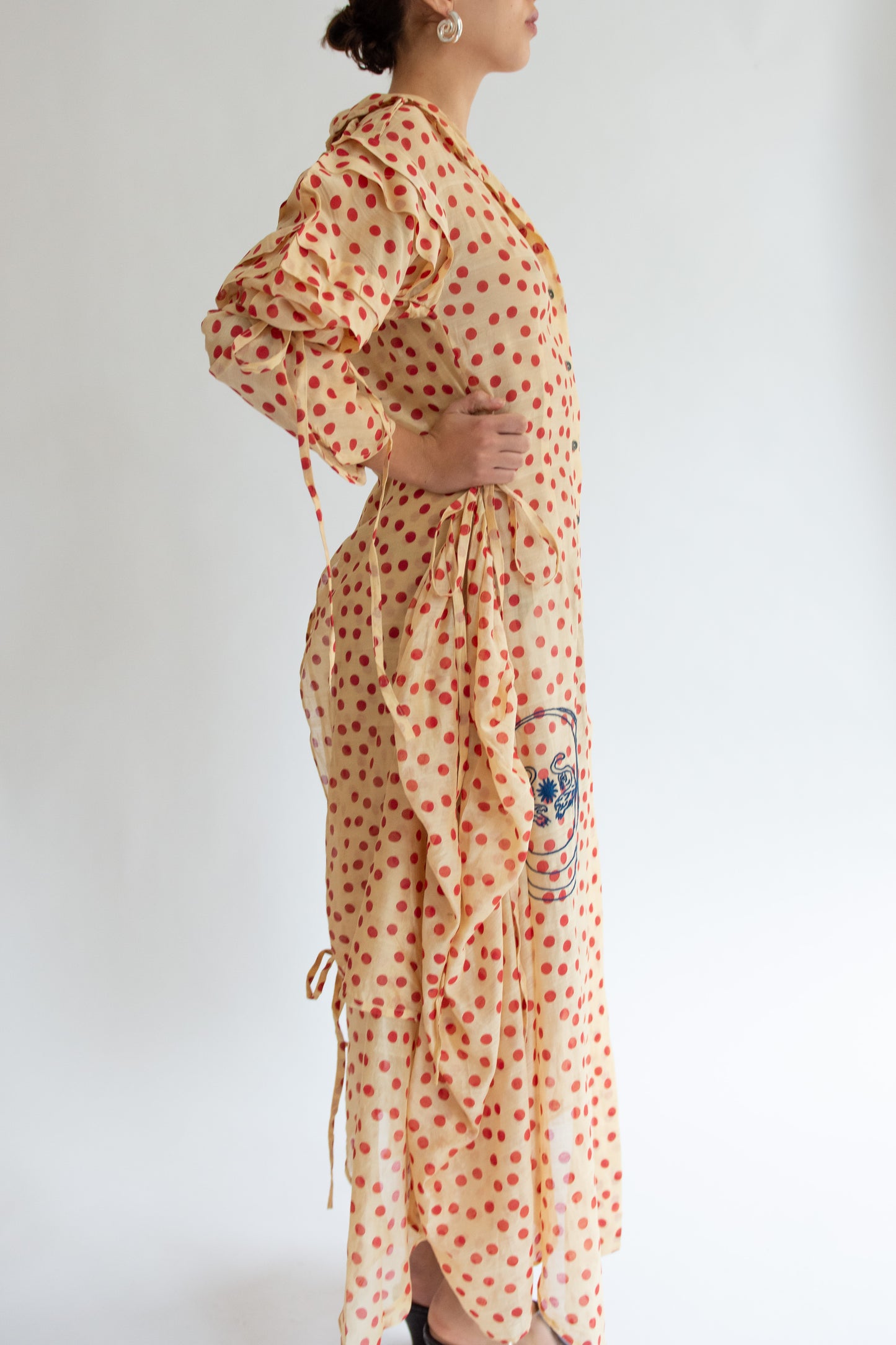 TIGRA TIGRA, Blockprint Dot Rucha Dress, Tea Stain Red w. Tiger Embroidery