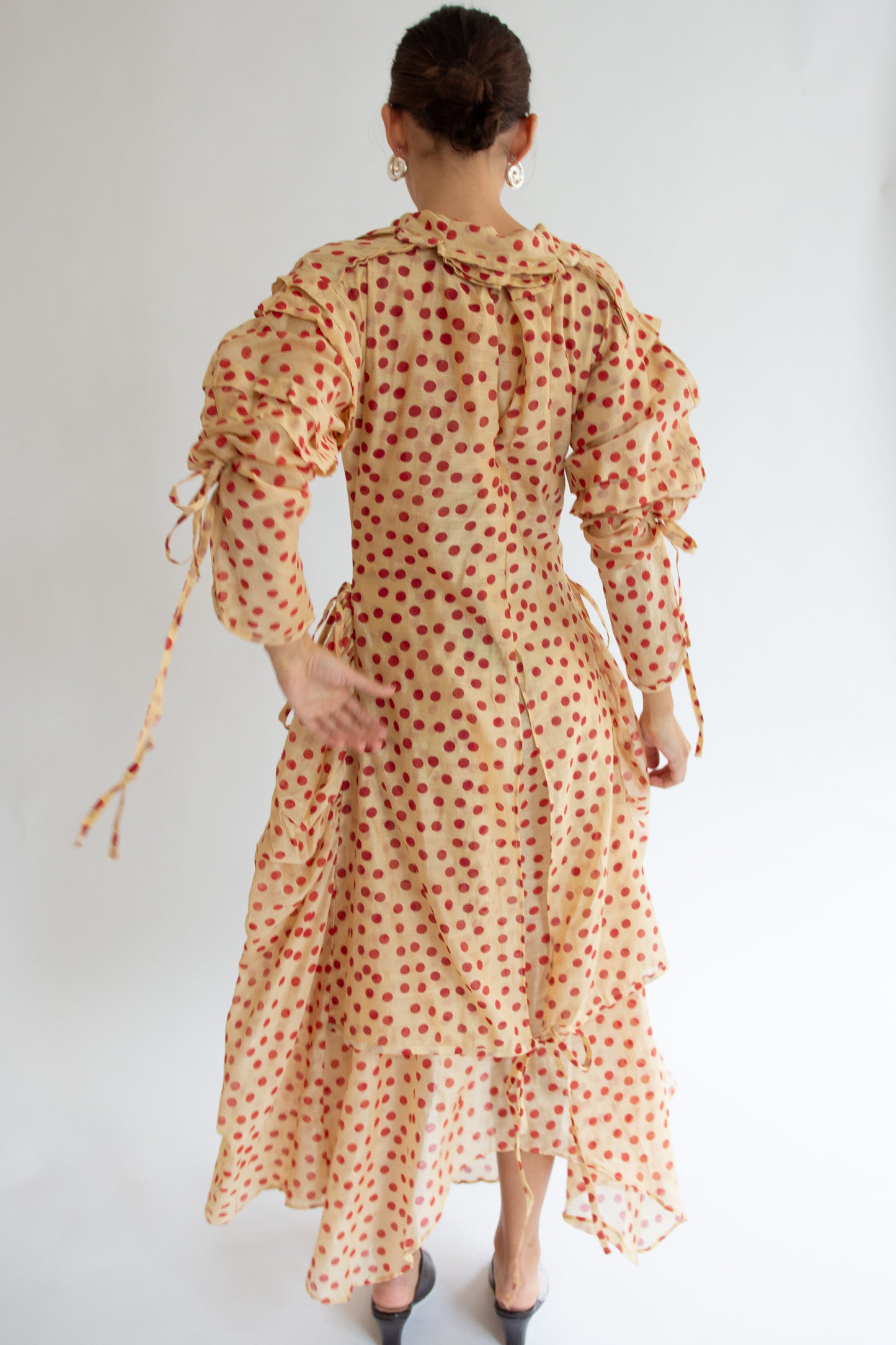 TIGRA TIGRA, Blockprint Dot Rucha Dress, Tea Stain Red w. Tiger Embroidery