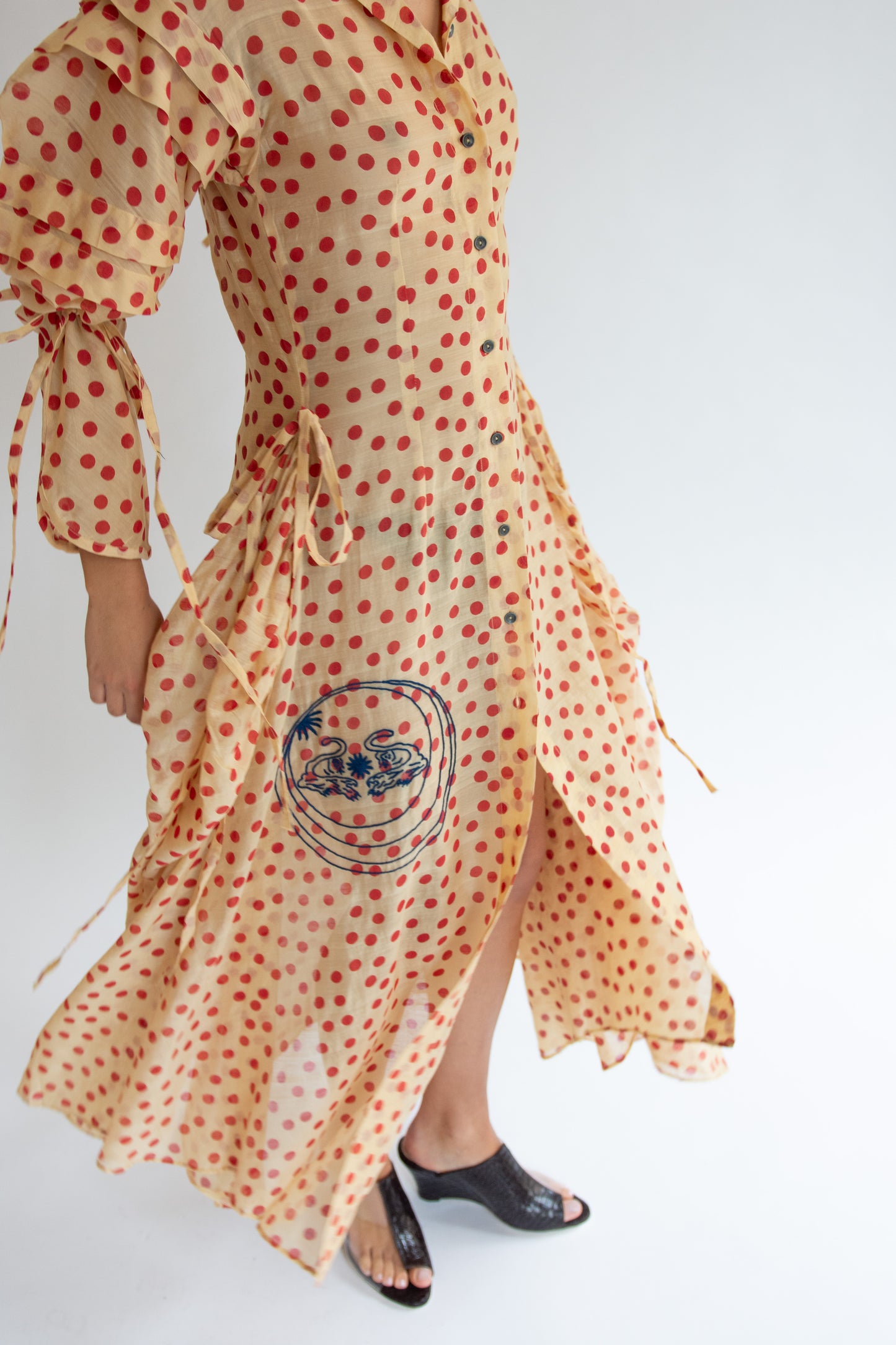 TIGRA TIGRA, Blockprint Dot Rucha Dress, Tea Stain Red w. Tiger Embroidery