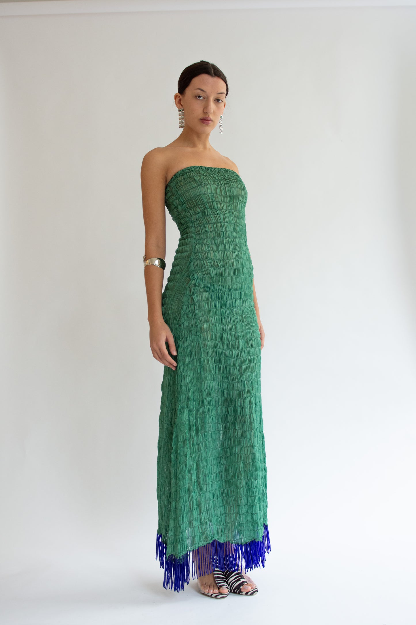 TIGRA TIGRA, Gathered Kota Dress with Beaded Fringe, Jade Green