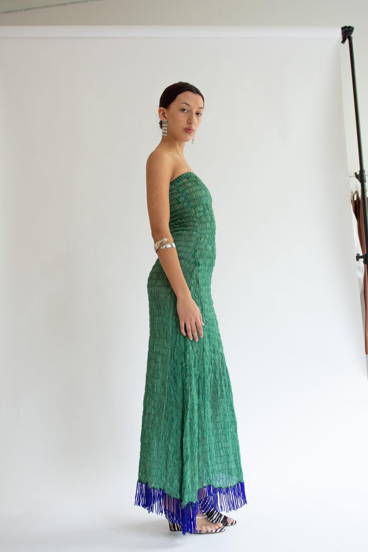 TIGRA TIGRA, Gathered Kota Dress with Beaded Fringe, Jade Green