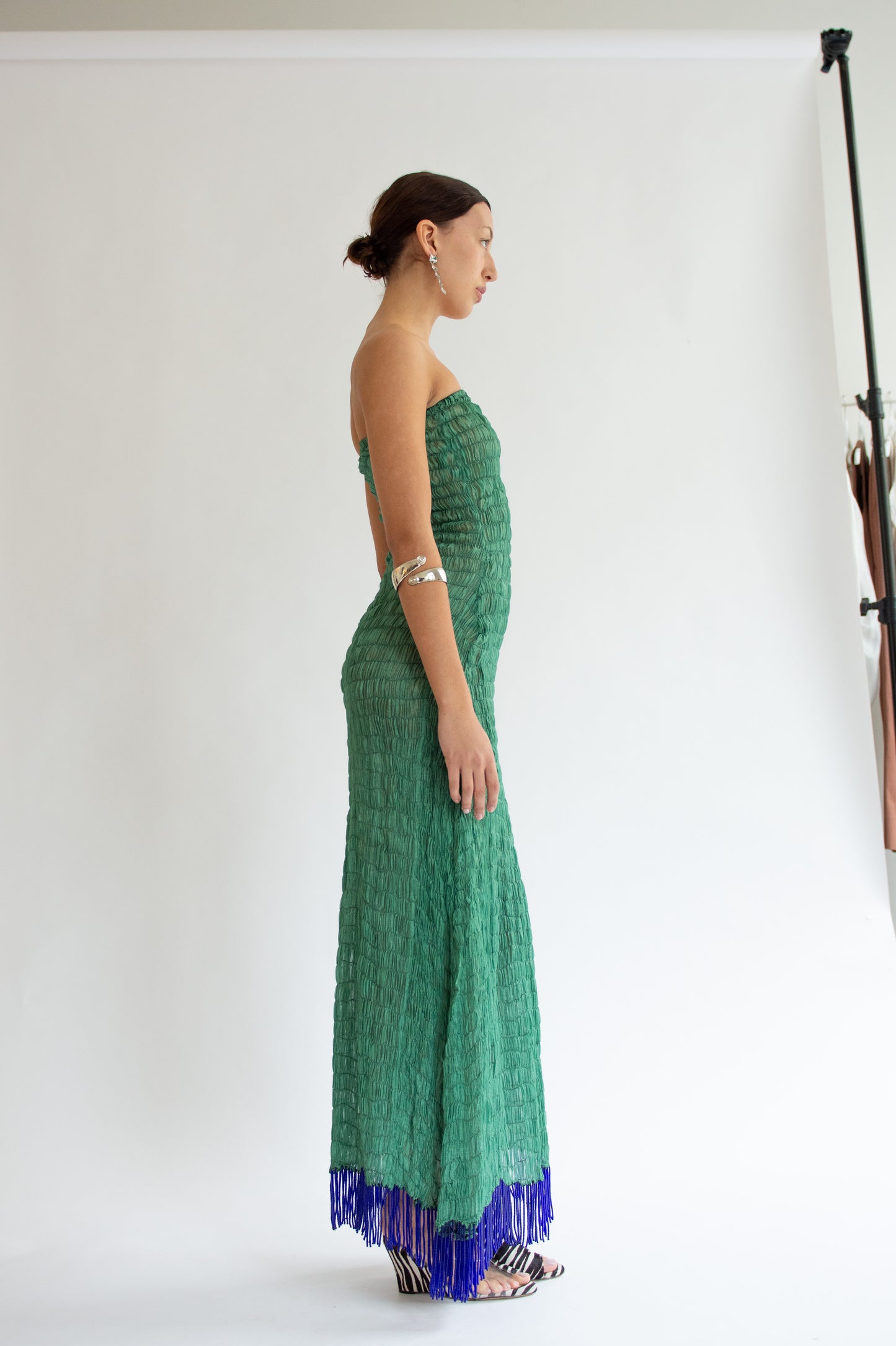 TIGRA TIGRA, Gathered Kota Dress with Beaded Fringe, Jade Green