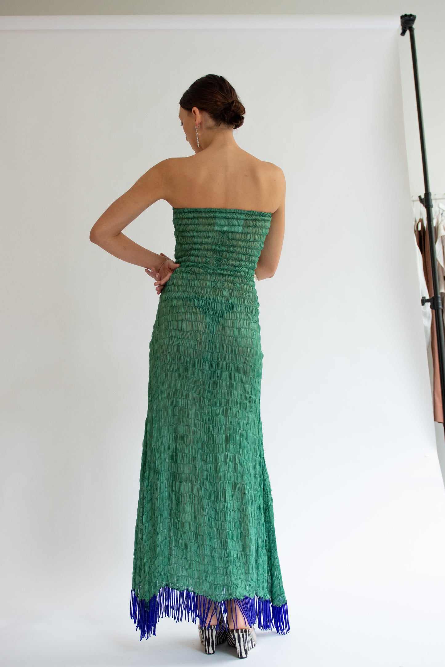TIGRA TIGRA, Gathered Kota Dress with Beaded Fringe, Jade Green
