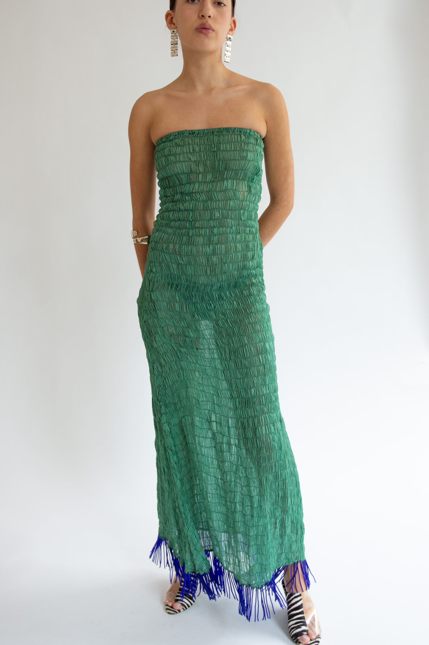 TIGRA TIGRA, Gathered Kota Dress with Beaded Fringe, Jade Green
