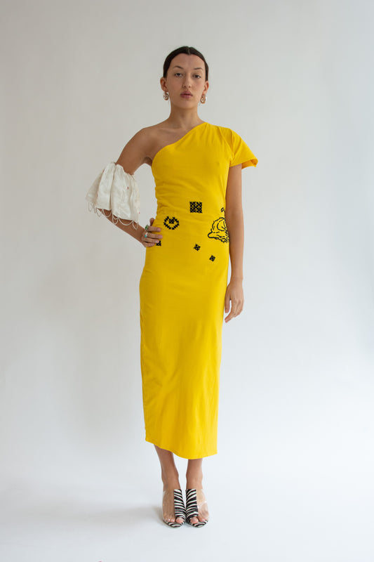 TIGRA TIGRA, T-shirt Dress with Tiger Rabari Embroidery, Yellow/Black