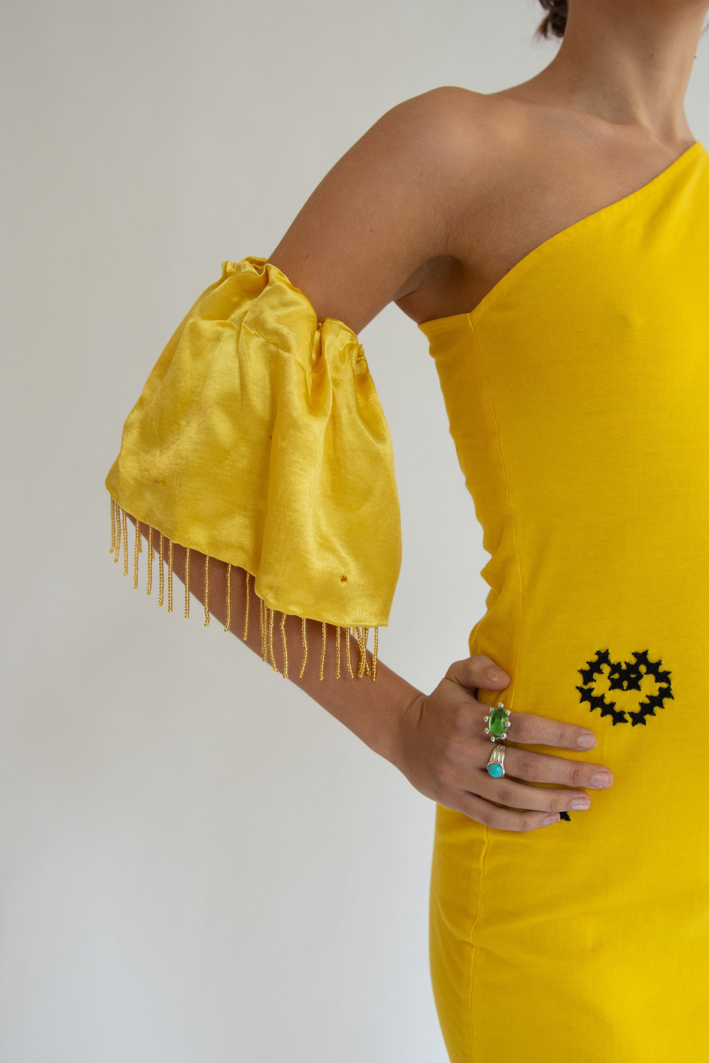 TIGRA TIGRA, Beaded Fringe XL Scrunchie, Yellow with Gold Beads