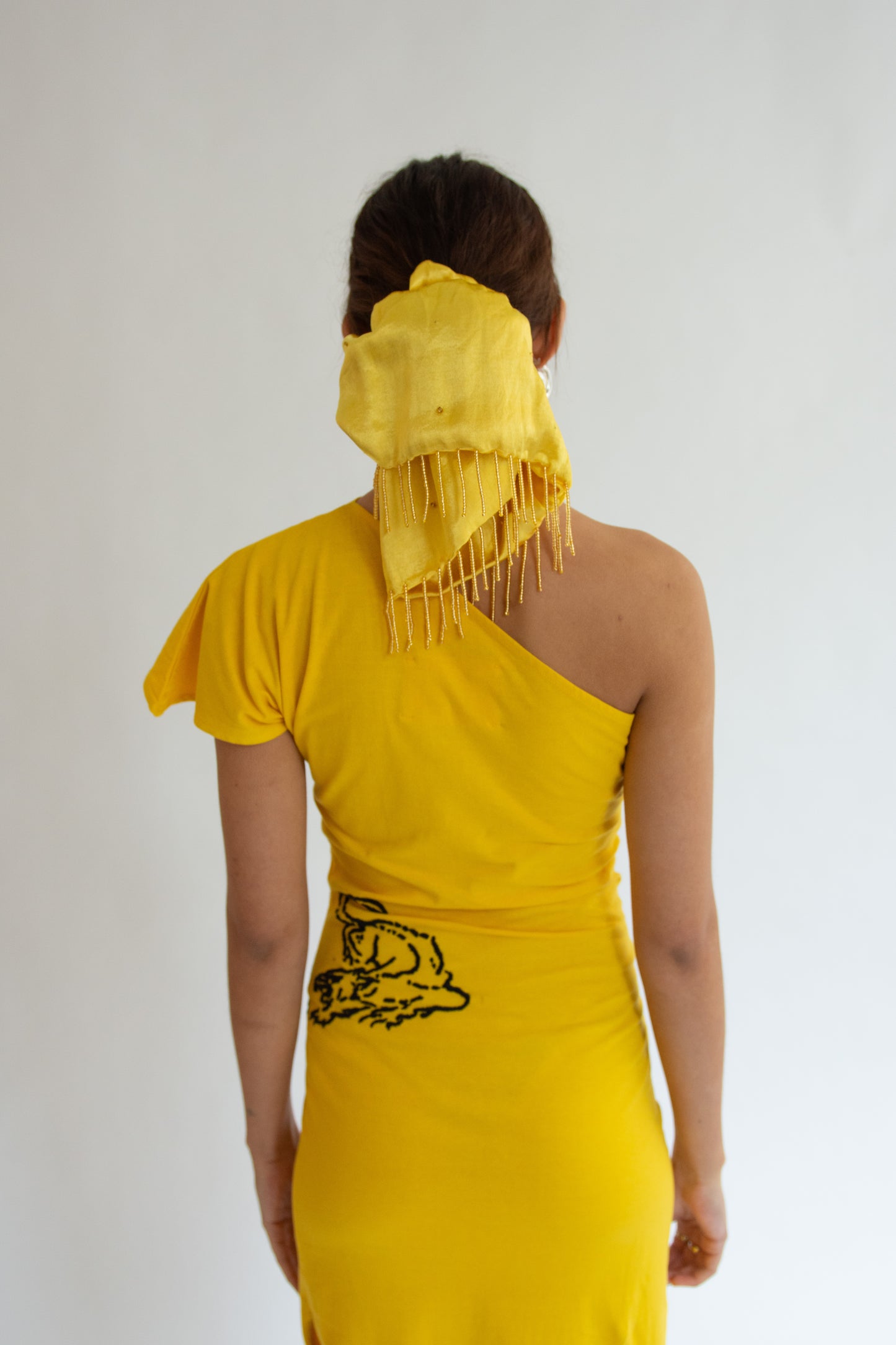 TIGRA TIGRA, Beaded Fringe XL Scrunchie, Yellow with Gold Beads