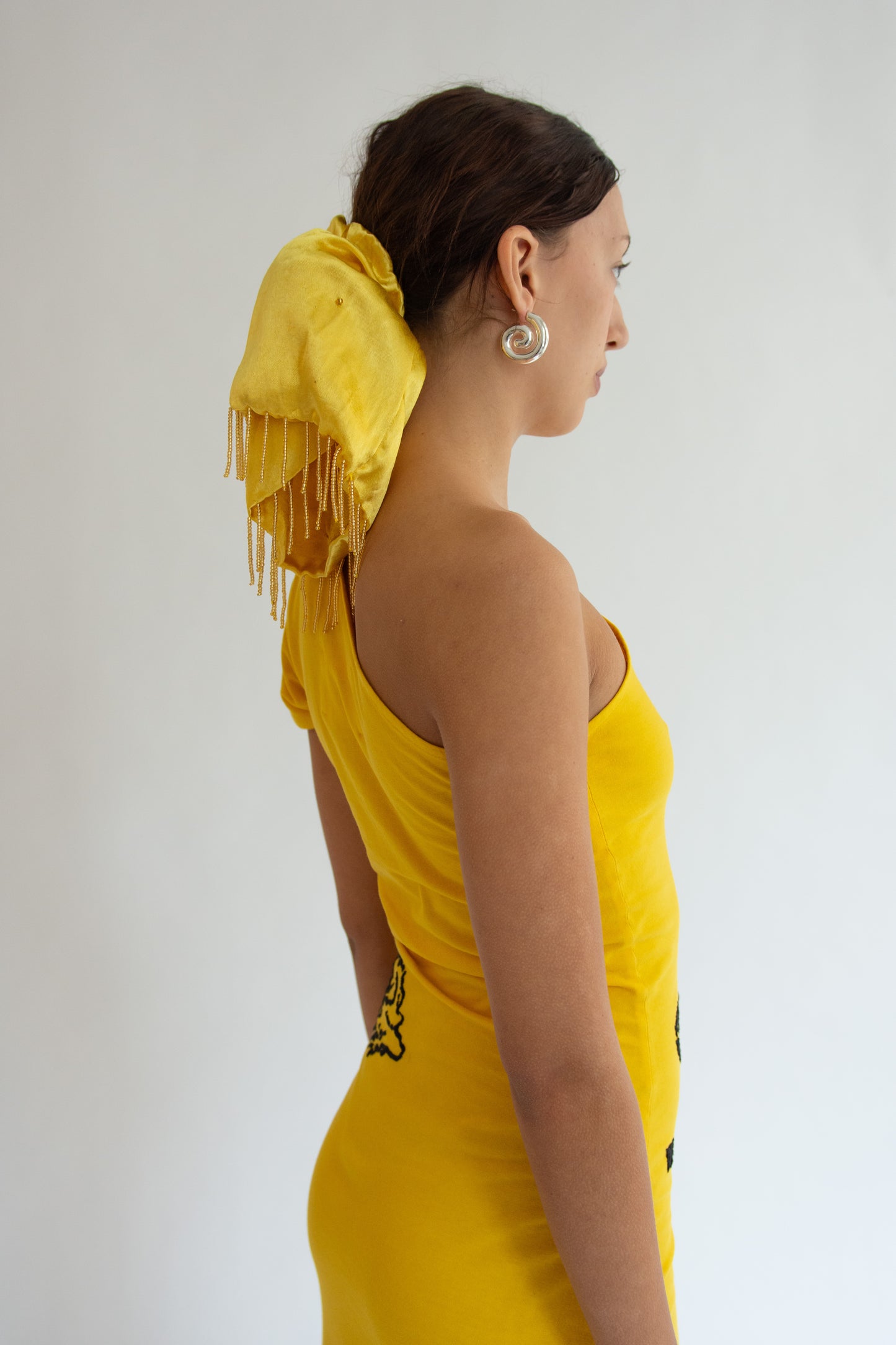 TIGRA TIGRA, Beaded Fringe XL Scrunchie, Yellow with Gold Beads