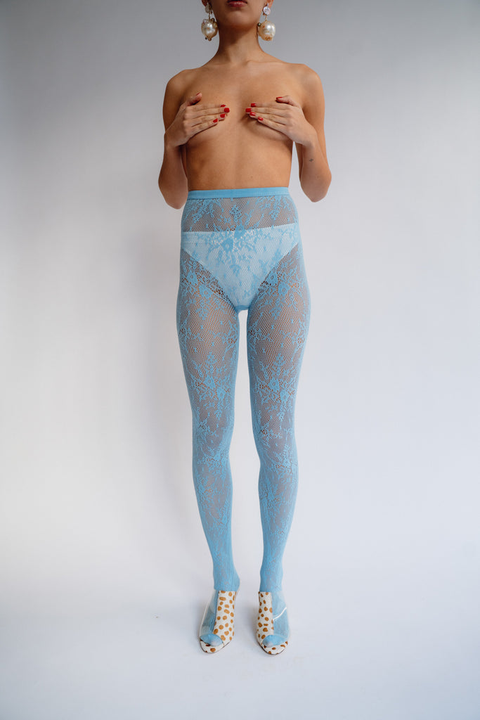 SWEDISH STOCKINGS, Rosa Lace Tights, Sky Blue