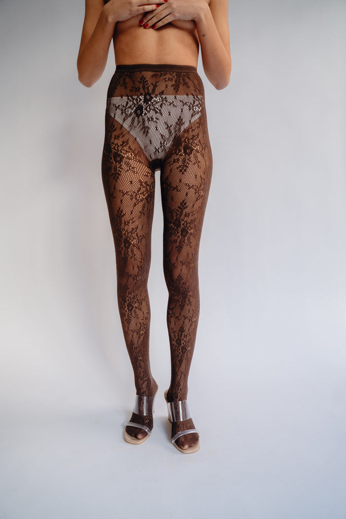 SWEDISH STOCKINGS, Rosa Lace Tights, Dark Brown