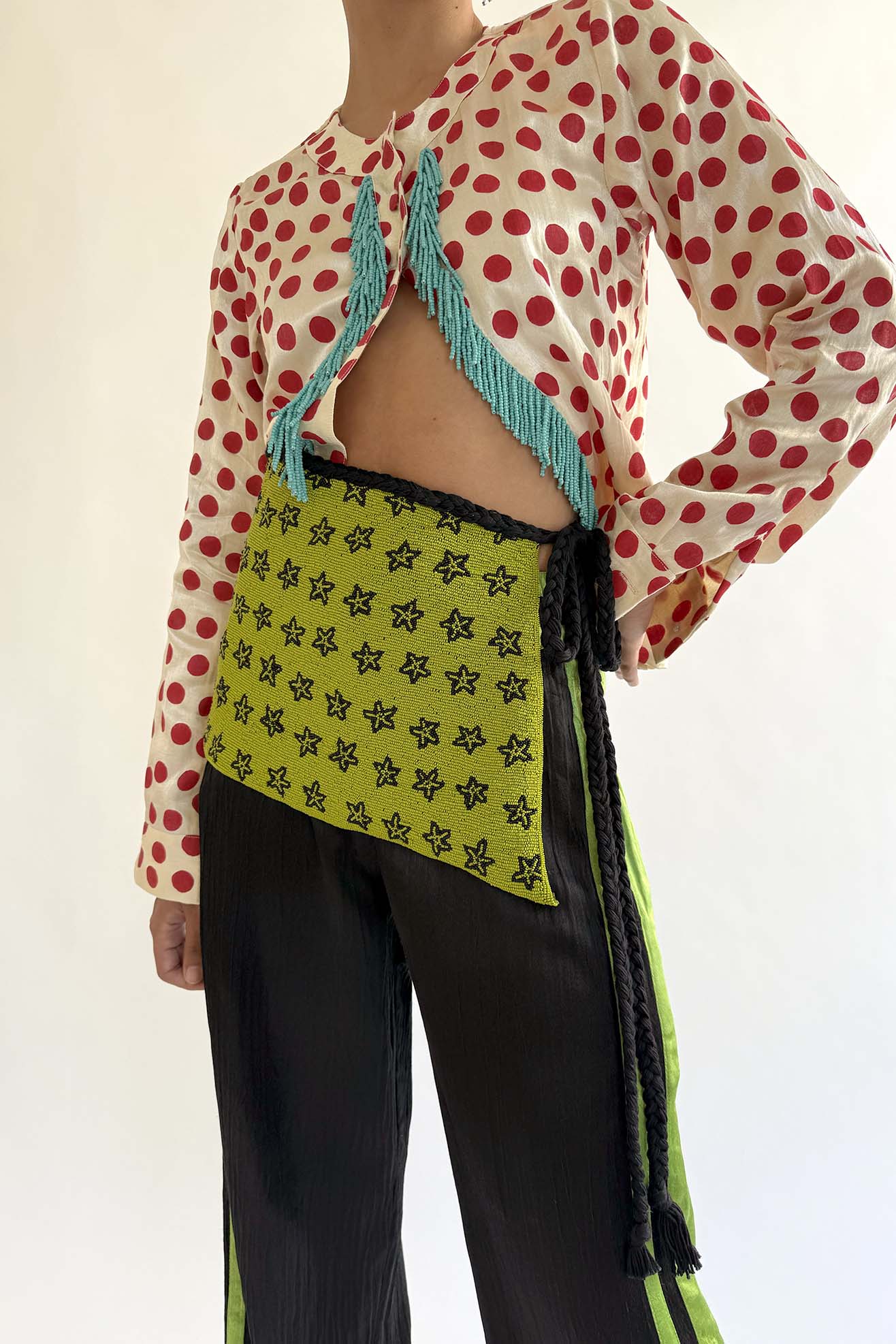 TIGRA TIGRA, Glass Beaded Wrap Belt, Acid Green/Black