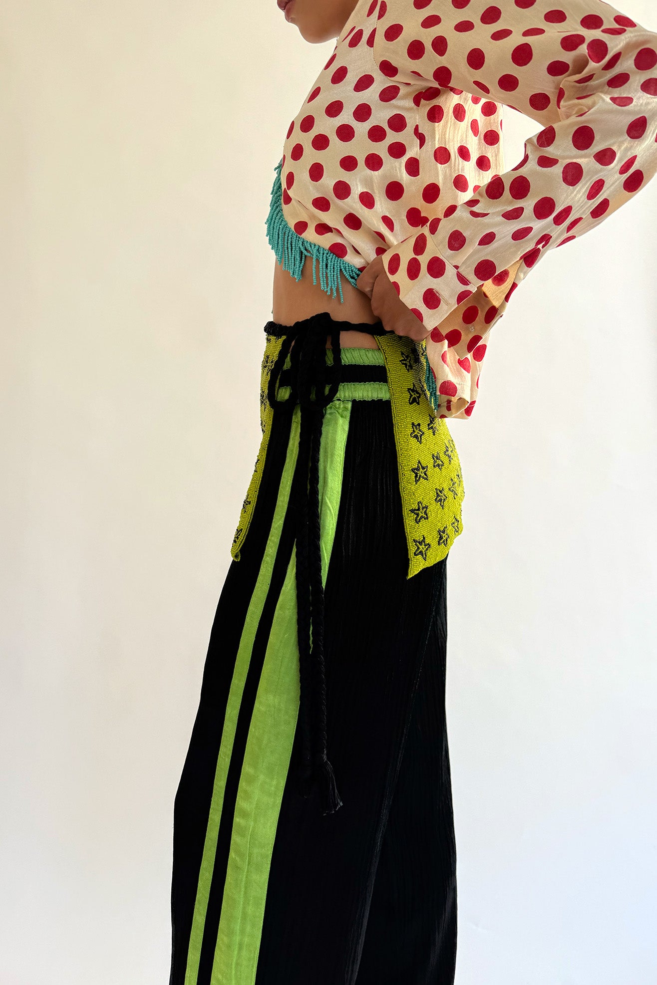 TIGRA TIGRA, Glass Beaded Wrap Belt, Acid Green/Black