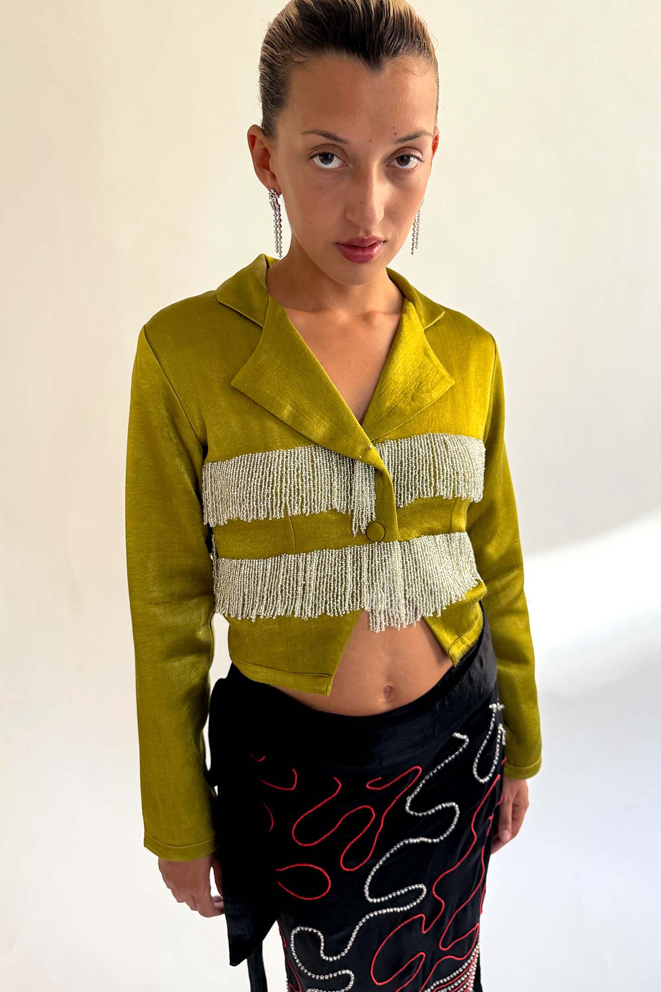 TIGRA TIGRA, Silk Mashroo Cropped Blazer, Army Green w. Clear