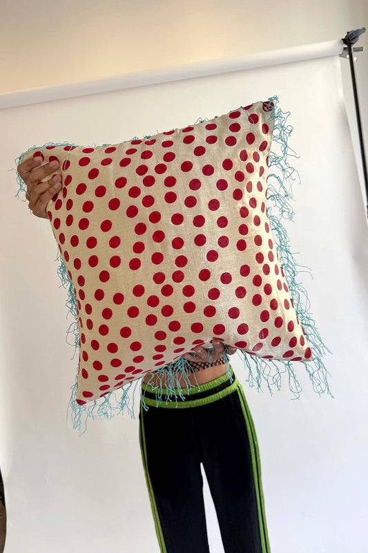 TIGRA TIGRA, Blockprint Dot Pillow with Fringe, Cream/Red/Aqua